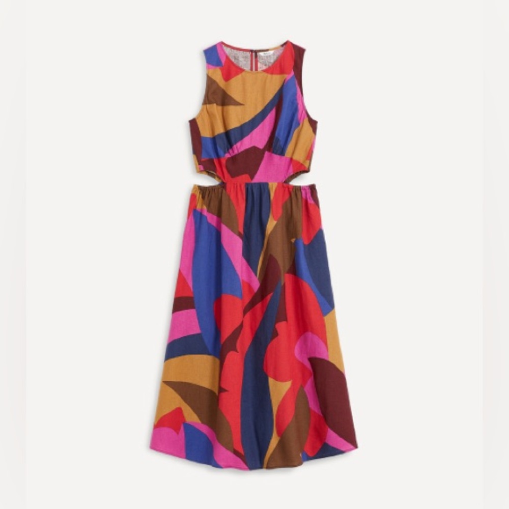 Sleeveless Linen cut out Midi Dress - multi summer print L - Picture 7 of 9